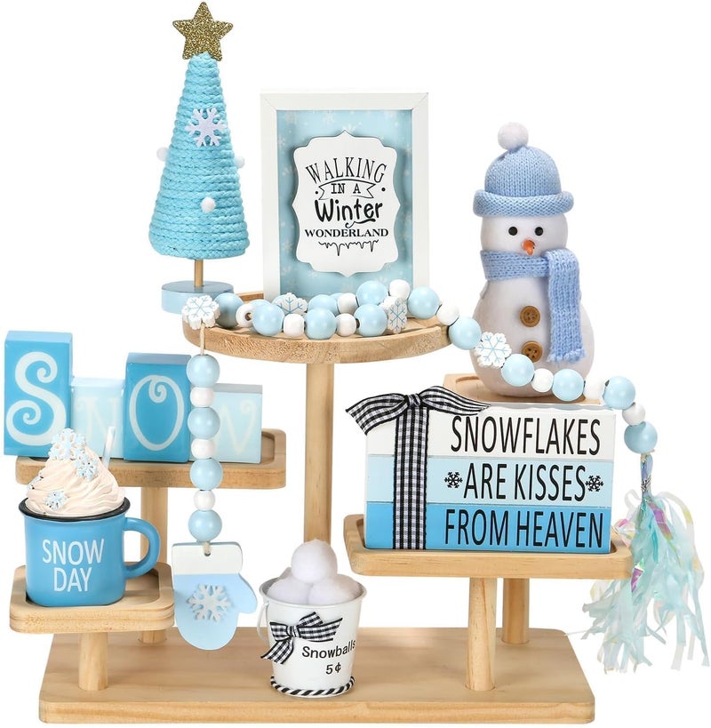 SYNCVIBE Winter Decoration for Home 8 PCS Tiered Tray Decor Set, Cute Christmas Blue Winter Wonderland Decor for Home Tray Shelf Fireplace Mantel Office Desk Indoor Snowman New Year Holiday Decorations Set - Image 1